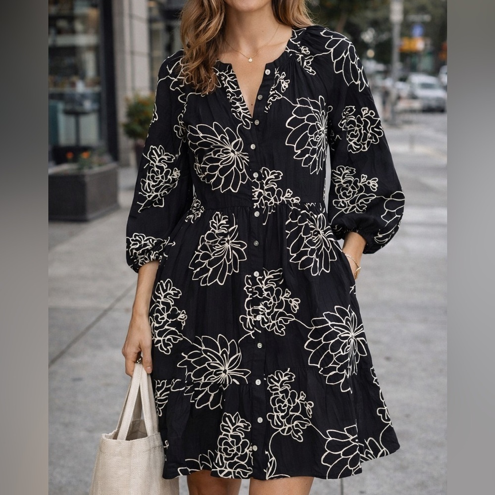 Revelry Black Midi Dress with Cream Floral Outline